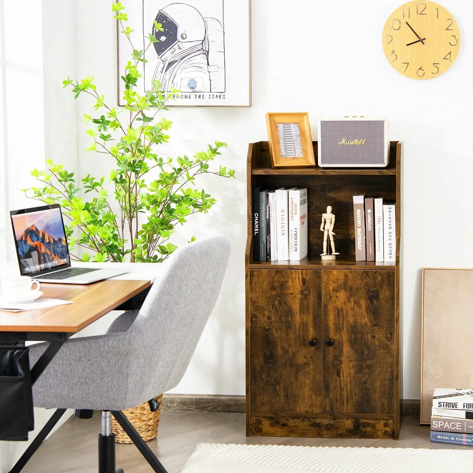 Storage Cabinet Bookcase with Doors and Display Shelf-Rustic Brown by DirectDeals