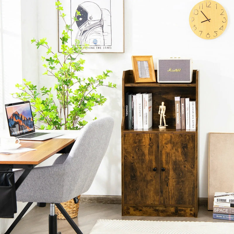 Storage Cabinet Bookcase with Doors and Display Shelf-Rustic Brown by DirectDeals