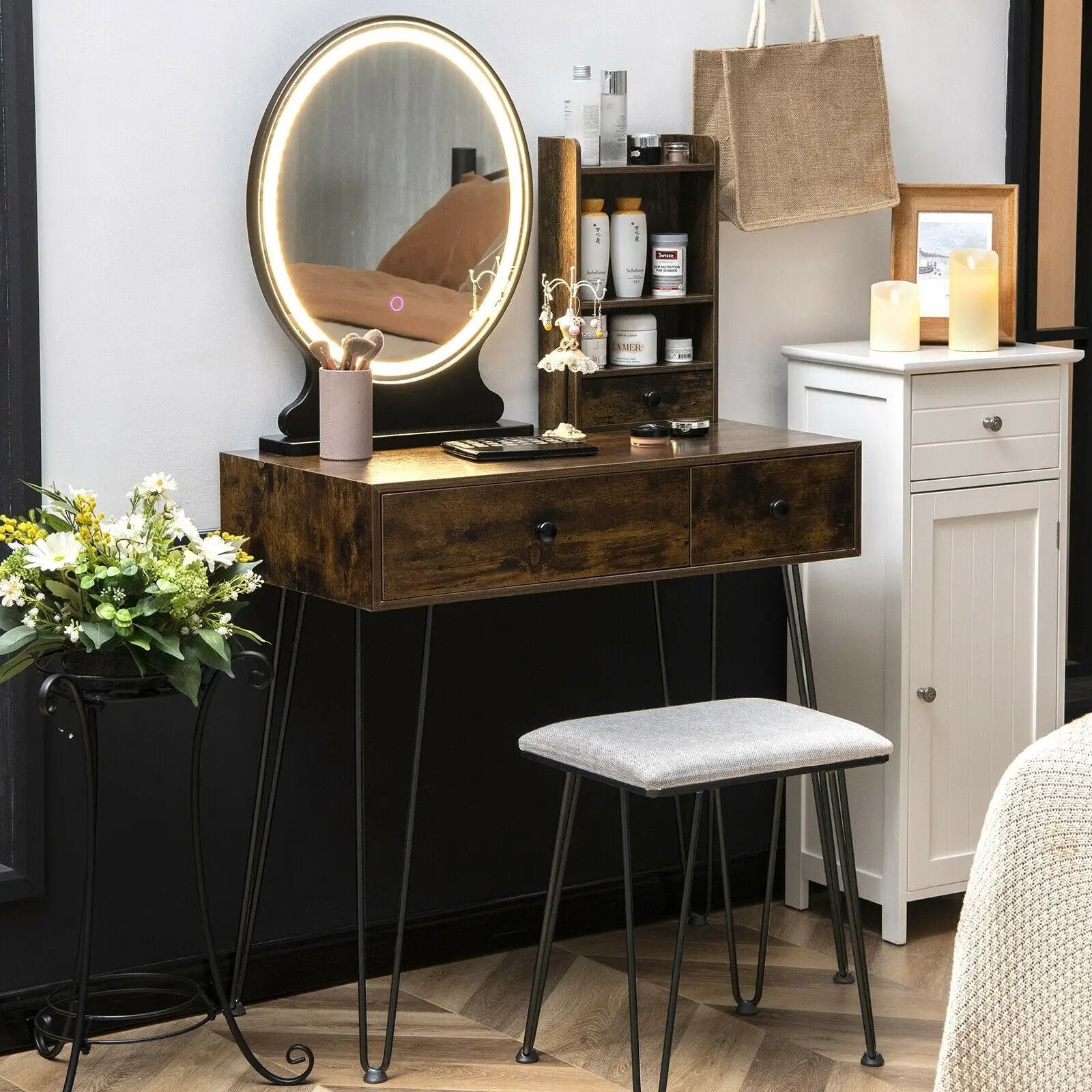 Vanity Table Set with Lighted Mirror and Cushion Stool-Brown by DirectDeals
