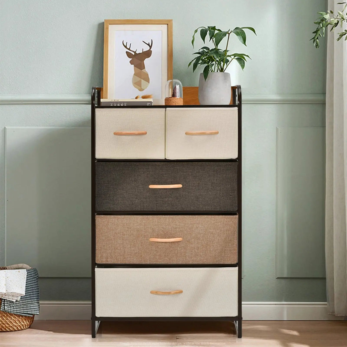 4-Tier Organizer Tower Steel Frame Wooden Top Storage with 5-Drawer Dresser by DirectDeals