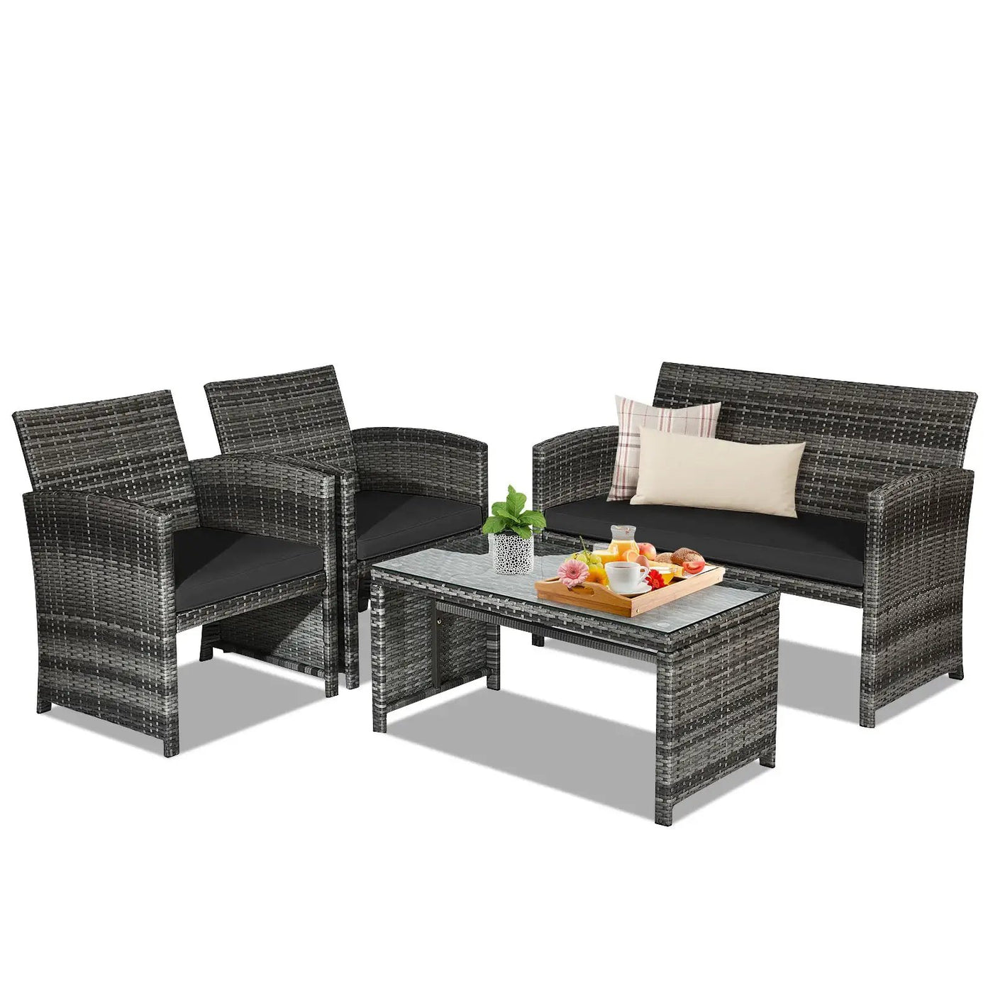 4 Pieces Patio Rattan Furniture Set with Glass Table and Loveseat-Gray by DirectDeals