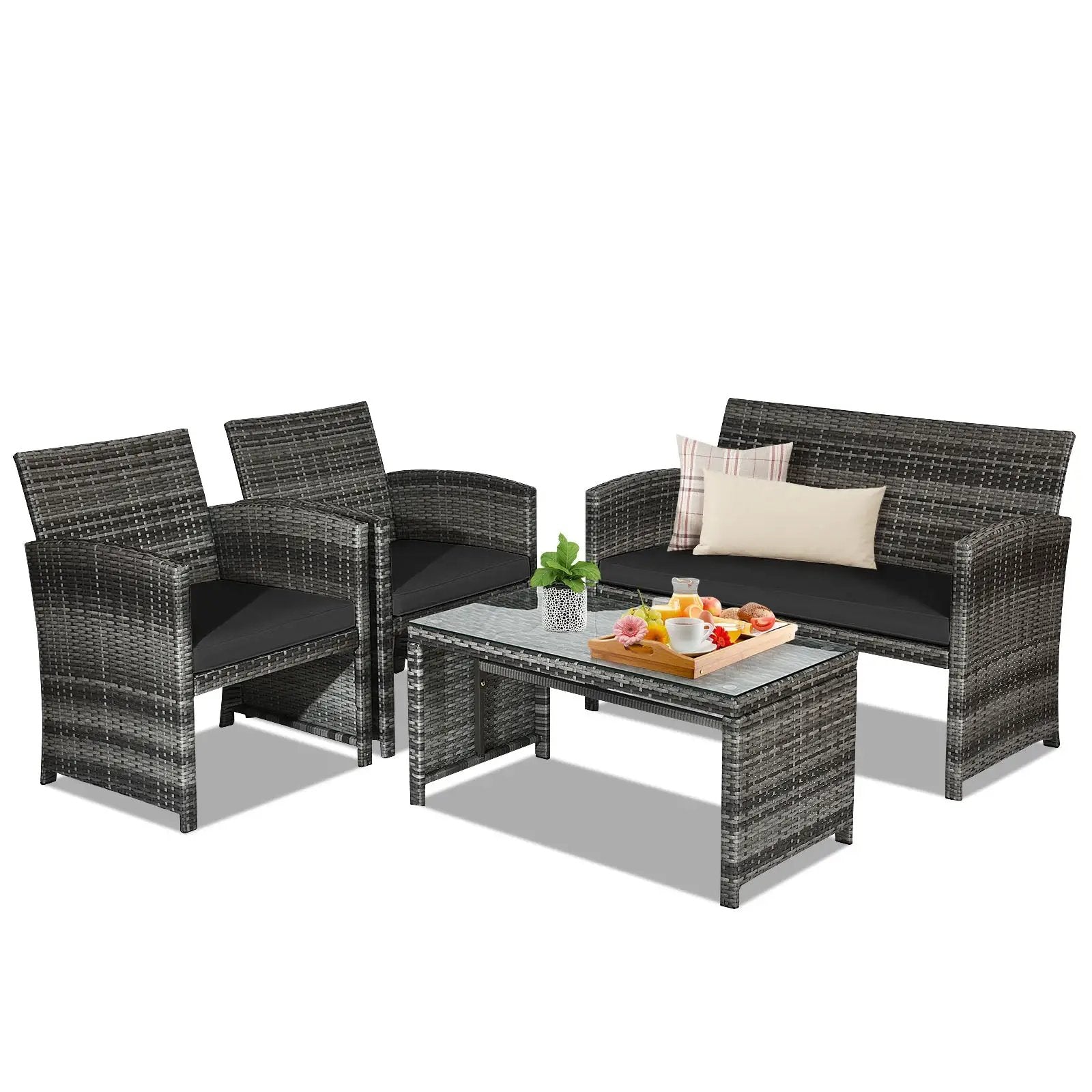4 Pieces Patio Rattan Furniture Set with Glass Table and Loveseat-Gray by DirectDeals