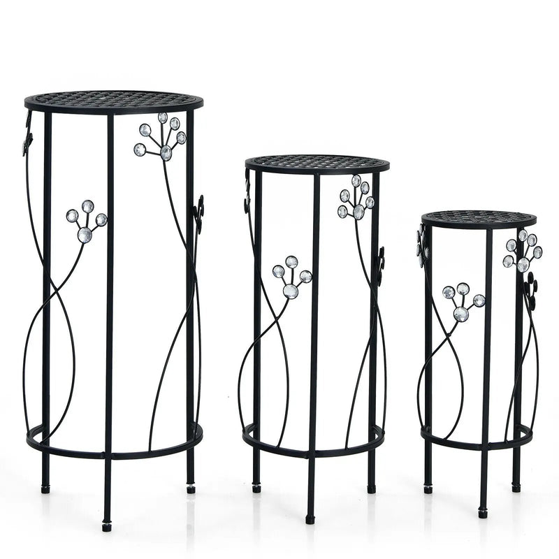 3 Pieces Metal Plant Stand Set with Crystal Floral Accents Round-Black by DirectDeals