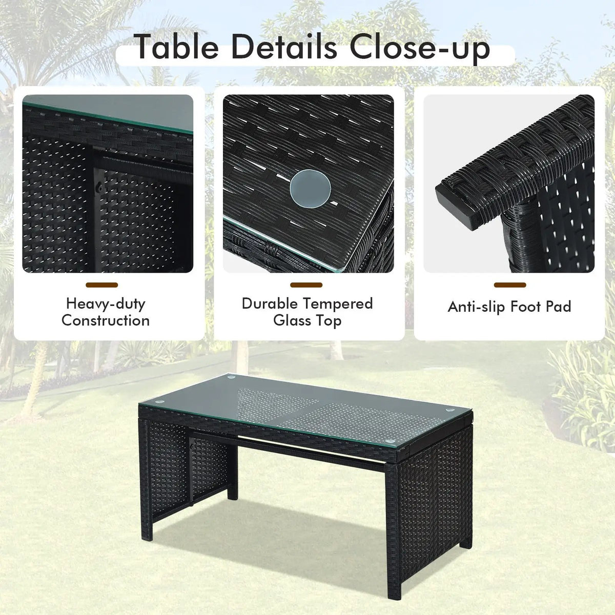 4 Pieces Rattan Patio Furniture Set with Weather Resistant Cushions and Tempered Glass Tabletop by DirectDeals