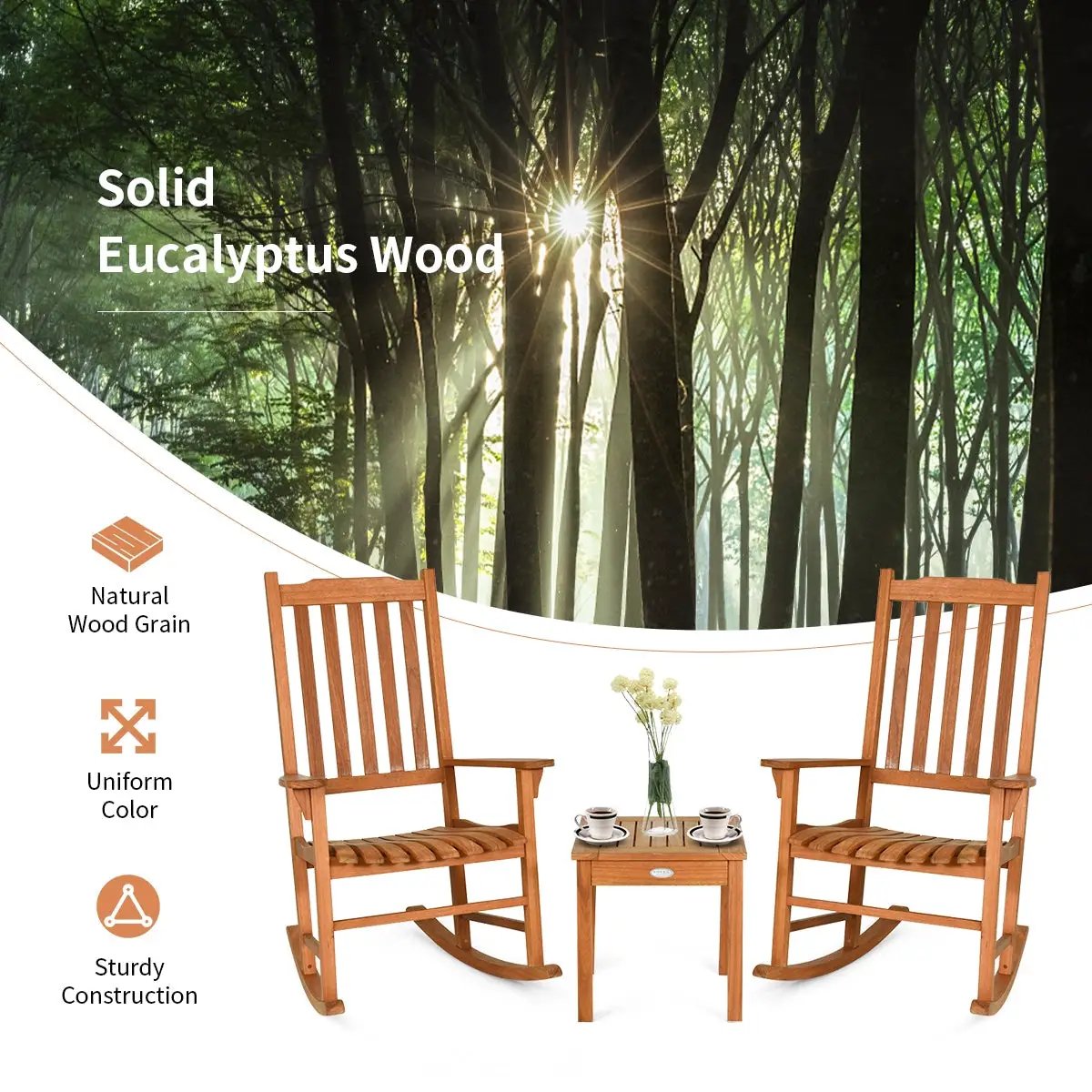 3 Pieces Eucalyptus Rocking Chair Set with Coffee Table by DirectDeals