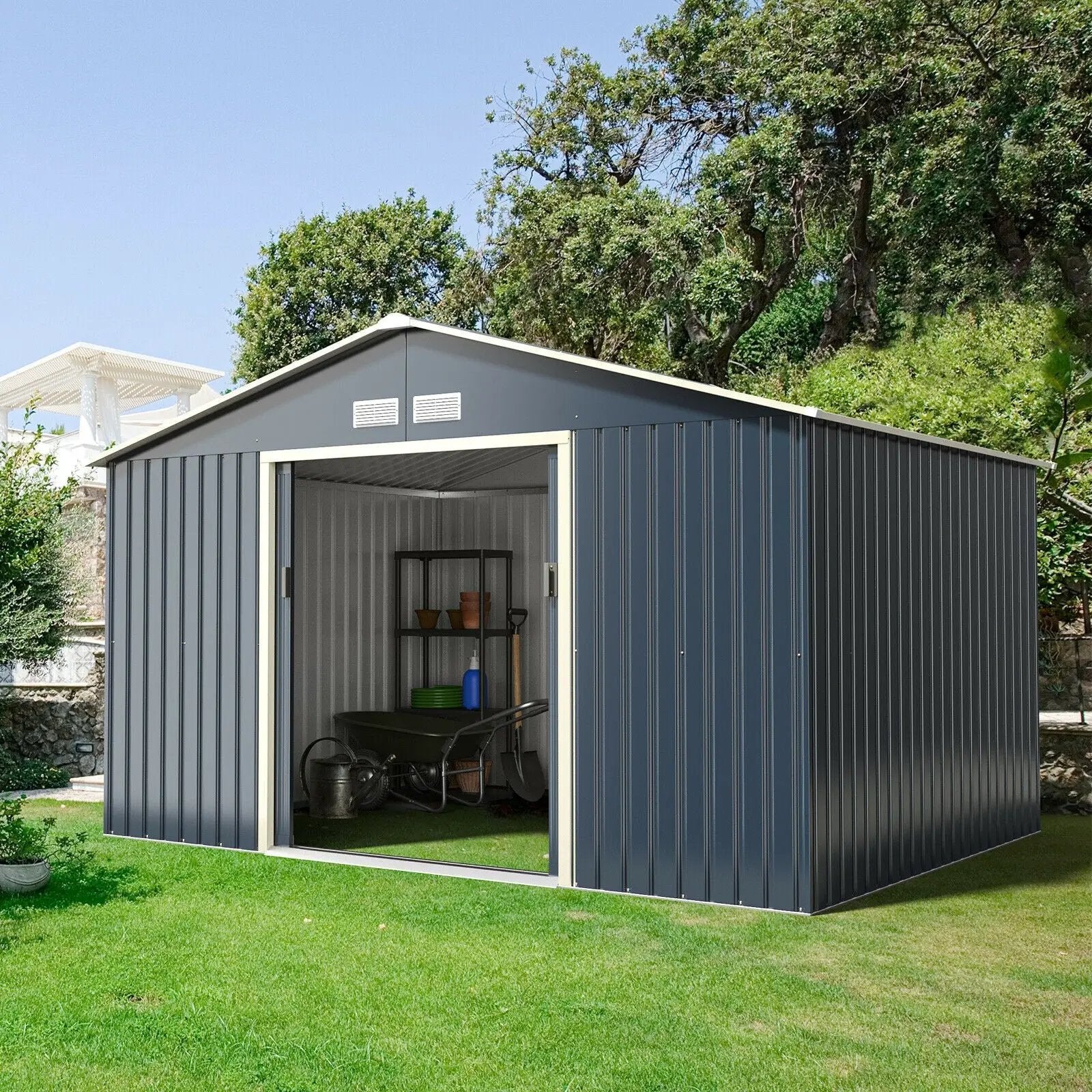 11 x 8 Feet Metal Storage Shed for Garden and Tools with 2 Lockable Sliding Doors-Gray by DirectDeals