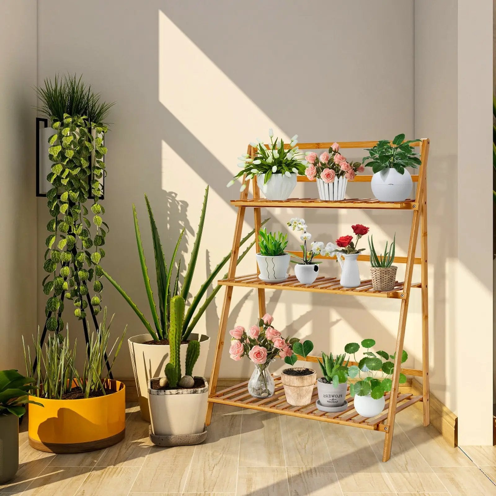 3-Tier Bamboo Foldable Plant Stand with Display Shelf Rack-Natural by DirectDeals