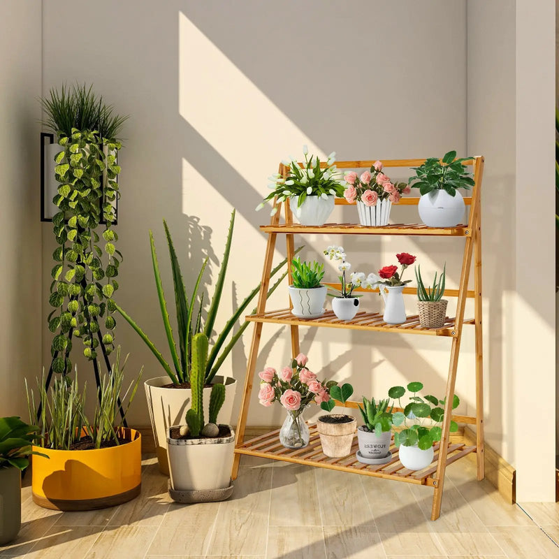 3-Tier Bamboo Foldable Plant Stand with Display Shelf Rack-Natural by DirectDeals