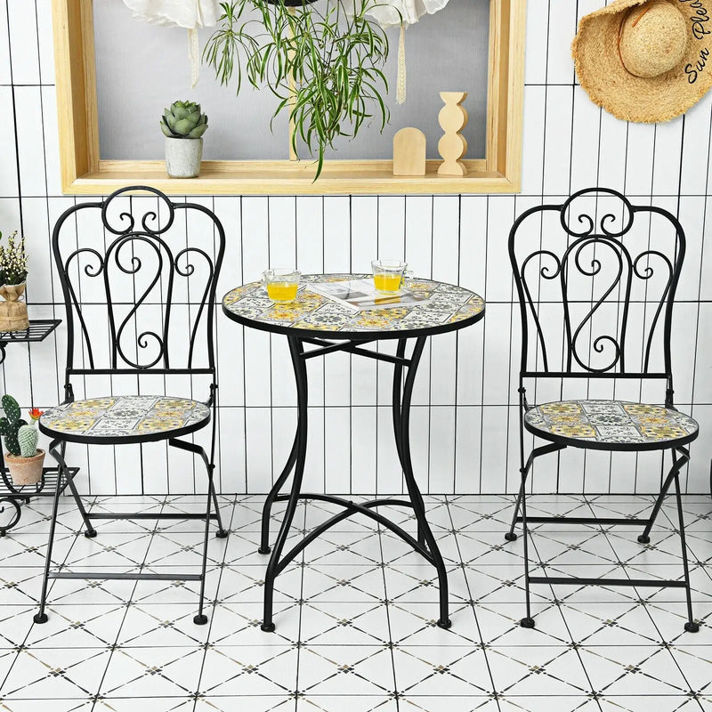 3 Pieces Patio Bistro Mosaic Design Set with Folding Chairs and Round Table by DirectDeals
