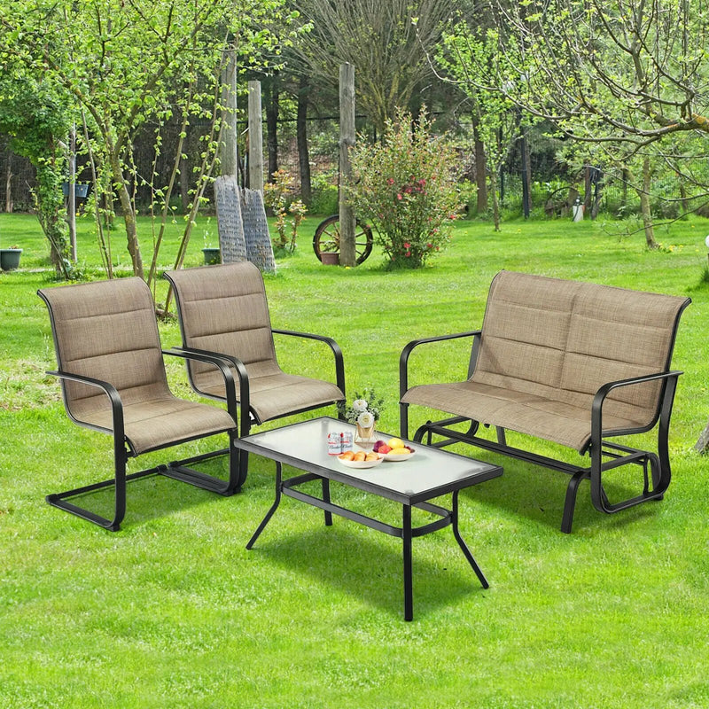 4 Pieces Outdoor Patio Furniture Set with Padded Glider Loveseat and Coffee Table-Brown by DirectDeals