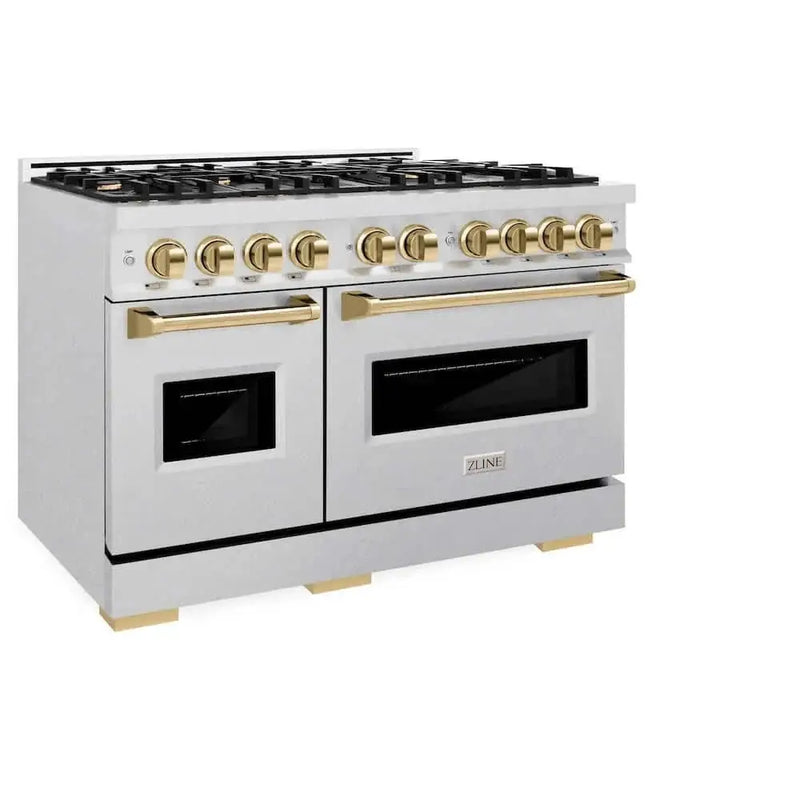 ZLINE 48" Dual Fuel Range, Gas Cooktop, Electric Convection Oven DuraSnow® Stainless Steel, Gold CDRSZ-48-G by Farmhouse Kitchen and Bath