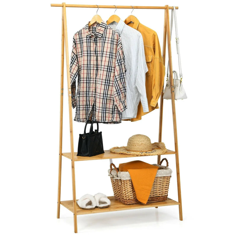Bamboo Clothes Hanging Rack with 2-Tier Storage Shelf for Entryway Bedroom-Natural by DirectDeals