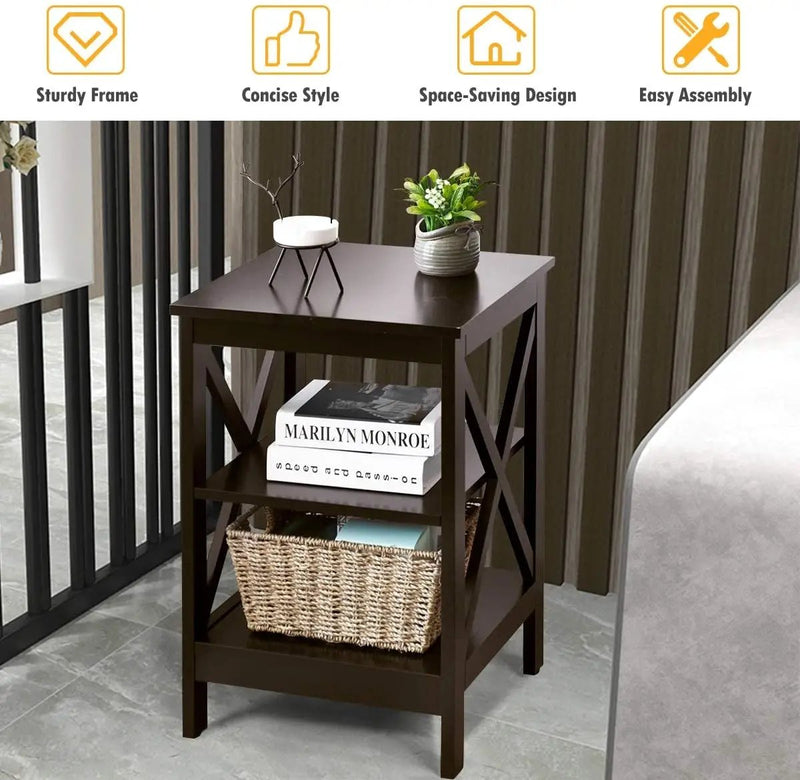 3-Tier X-Design Nightstands with Storage Shelves for Living Room Bedroom by DirectDeals