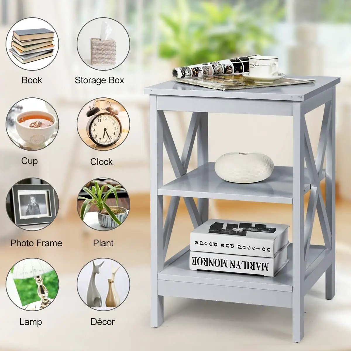 3-Tier X-Design Nightstands with Storage Shelves for Living Room Bedroom by DirectDeals