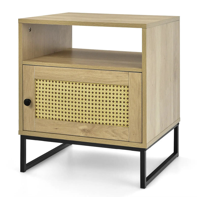 Wooden Side End Table with Cabinet and Rattan Decorated Door-Natural by DirectDeals