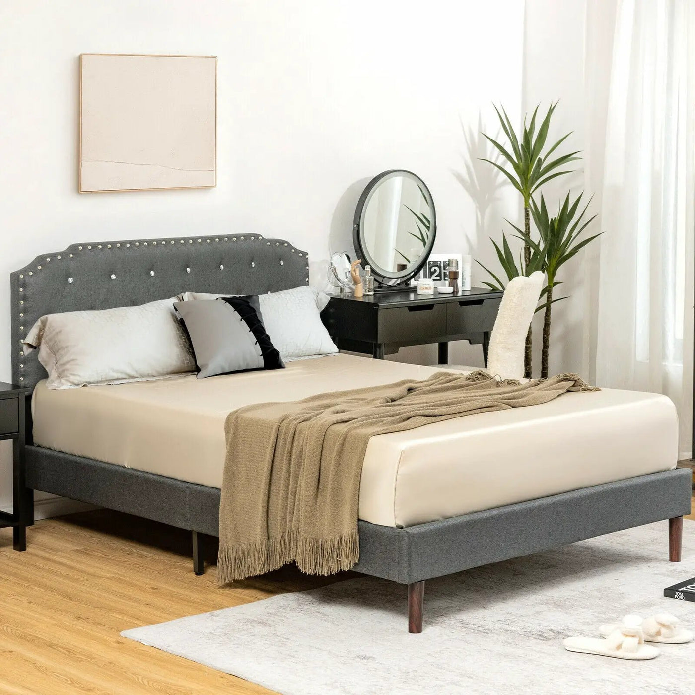 Upholstered Bed Frame with Adjustable Diamond Button Headboard by DirectDeals
