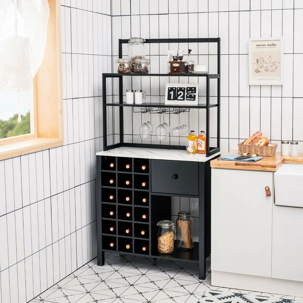 Kitchen Bakers Rack Freestanding Wine Rack Table with Glass Holder and Drawer by DirectDeals