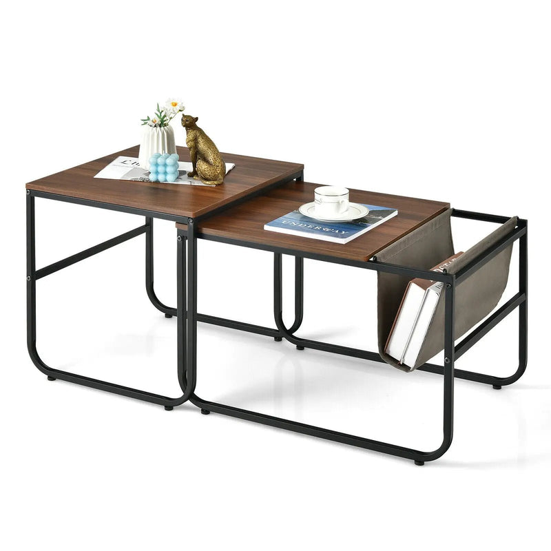 Set of 2 Nesting Coffee Tables with Side Pocket for Living Room Bedroom-Rustic Brown by DirectDeals