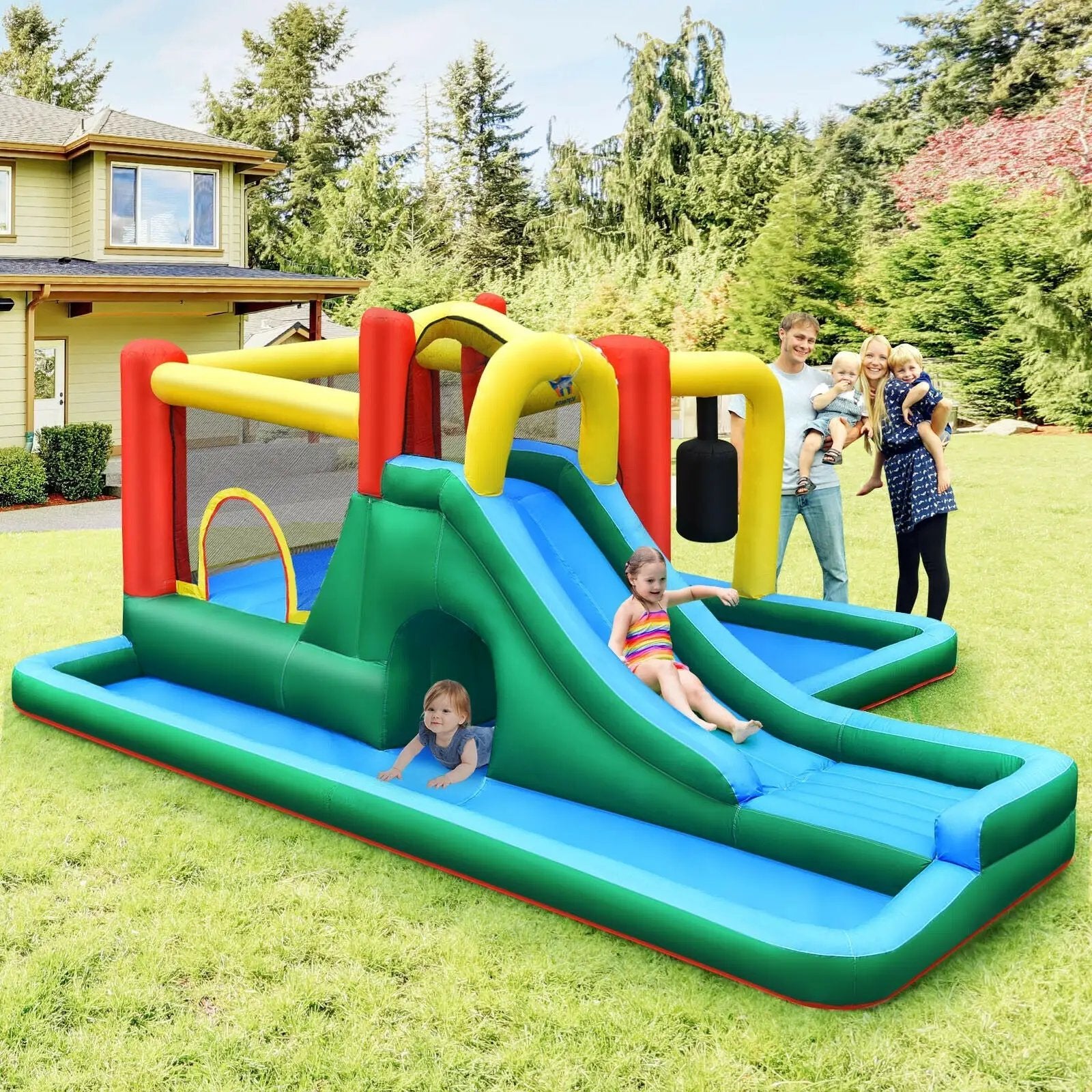 Inflatable Water Slide Climbing Bounce House with Tunnel and 735W Blower by DirectDeals