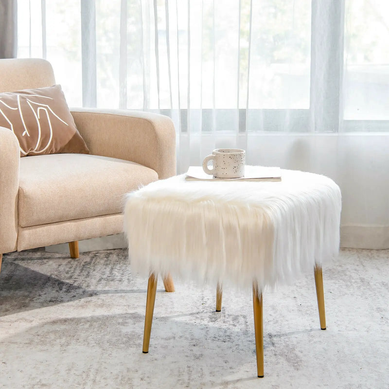 Faux Fur Vanity Stool with Golden Metal Legs for Makeup Room by DirectDeals