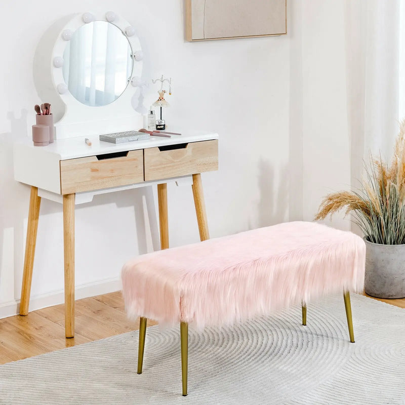 Upholstered Faux Fur Vanity Stool with Golden Legs for Makeup Room by DirectDeals