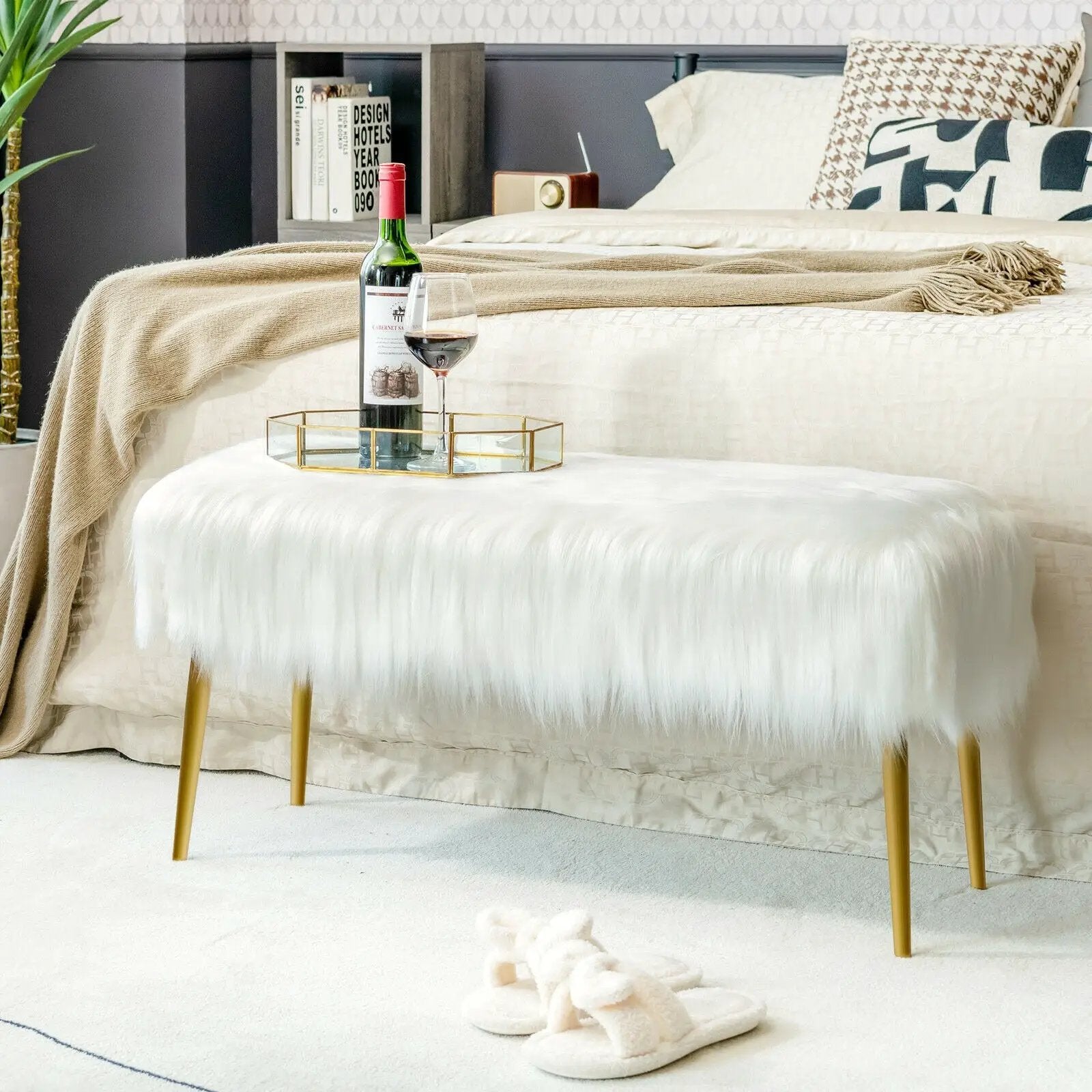Upholstered Faux Fur Vanity Stool with Golden Legs for Makeup Room by DirectDeals