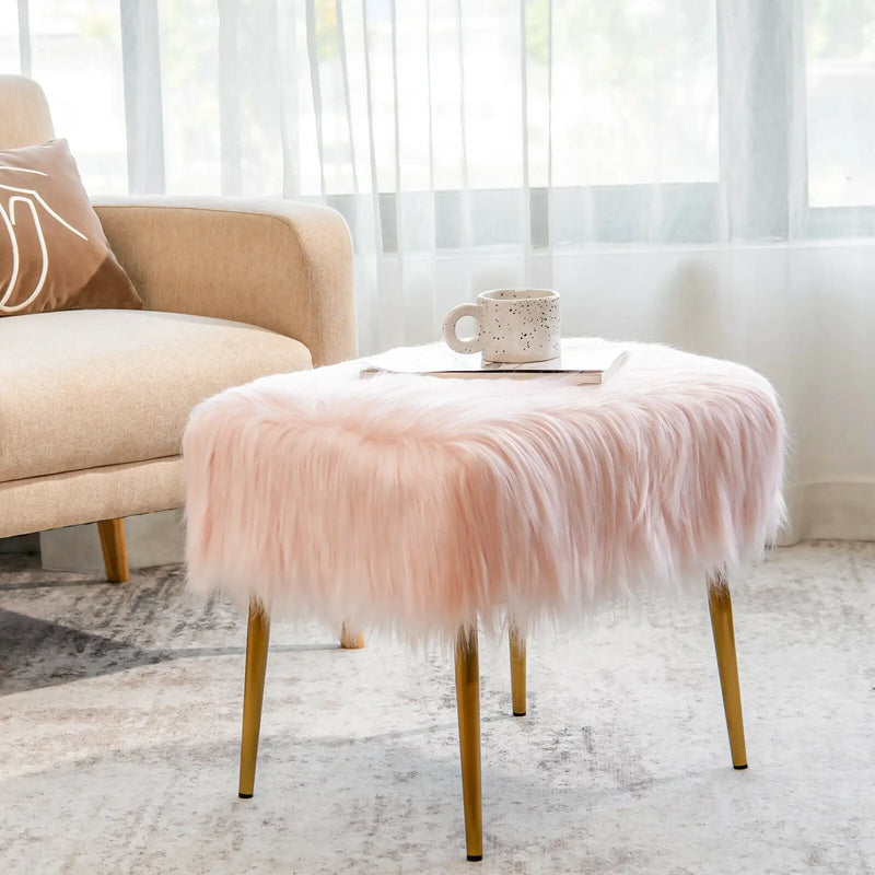 Faux Fur Vanity Stool with Golden Metal Legs for Makeup Room by DirectDeals