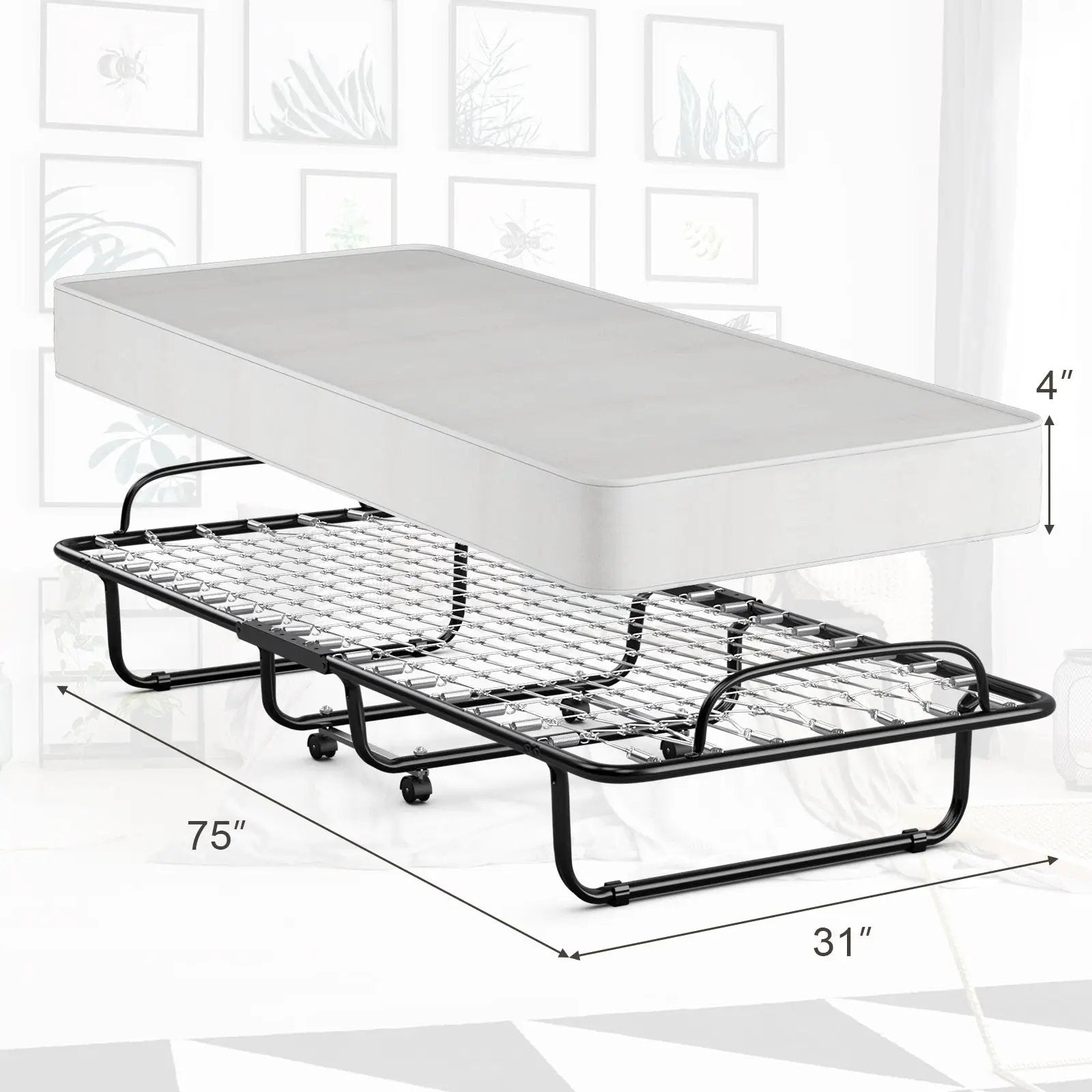 Rollaway Folding Bed with Memory Foam Mattress and Sturdy Metal Frame Made in Italy by DirectDeals