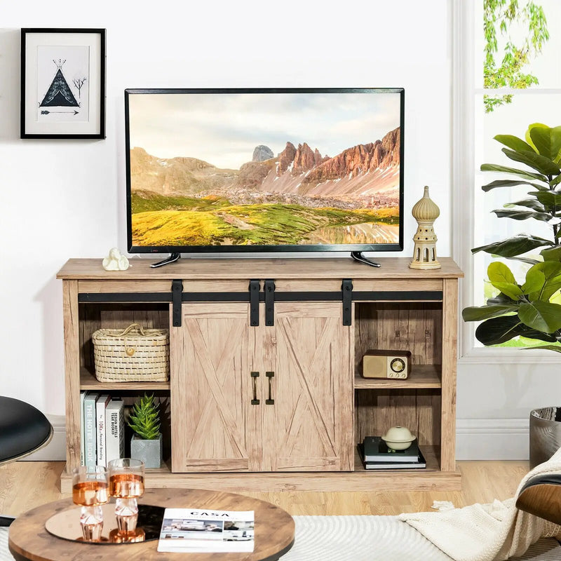 55 Inch Sliding Barn Door TV Stand with Adjustable Shelves for TVs up to 65 Inch-Natural by DirectDeals
