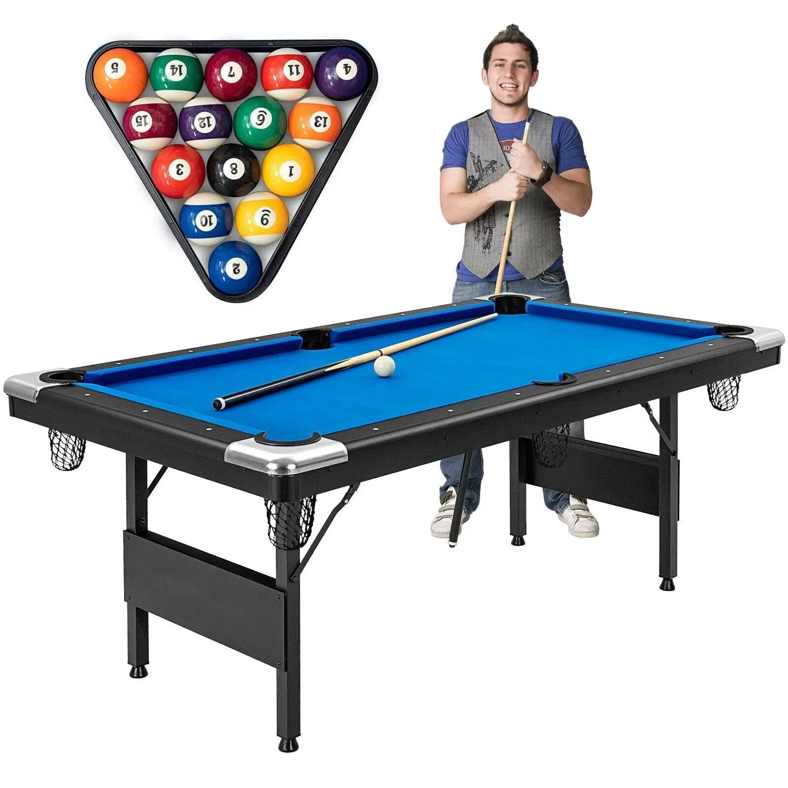 6 Feet Foldable Billiard Pool Table with Complete Set of Balls-Blue by DirectDeals