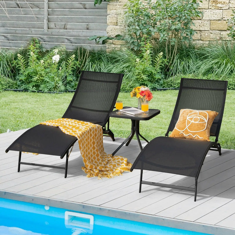 2 Pieces Patio Folding and Stackable Chaise Lounge Chair with 5-Position Adjustment-Black by DirectDeals