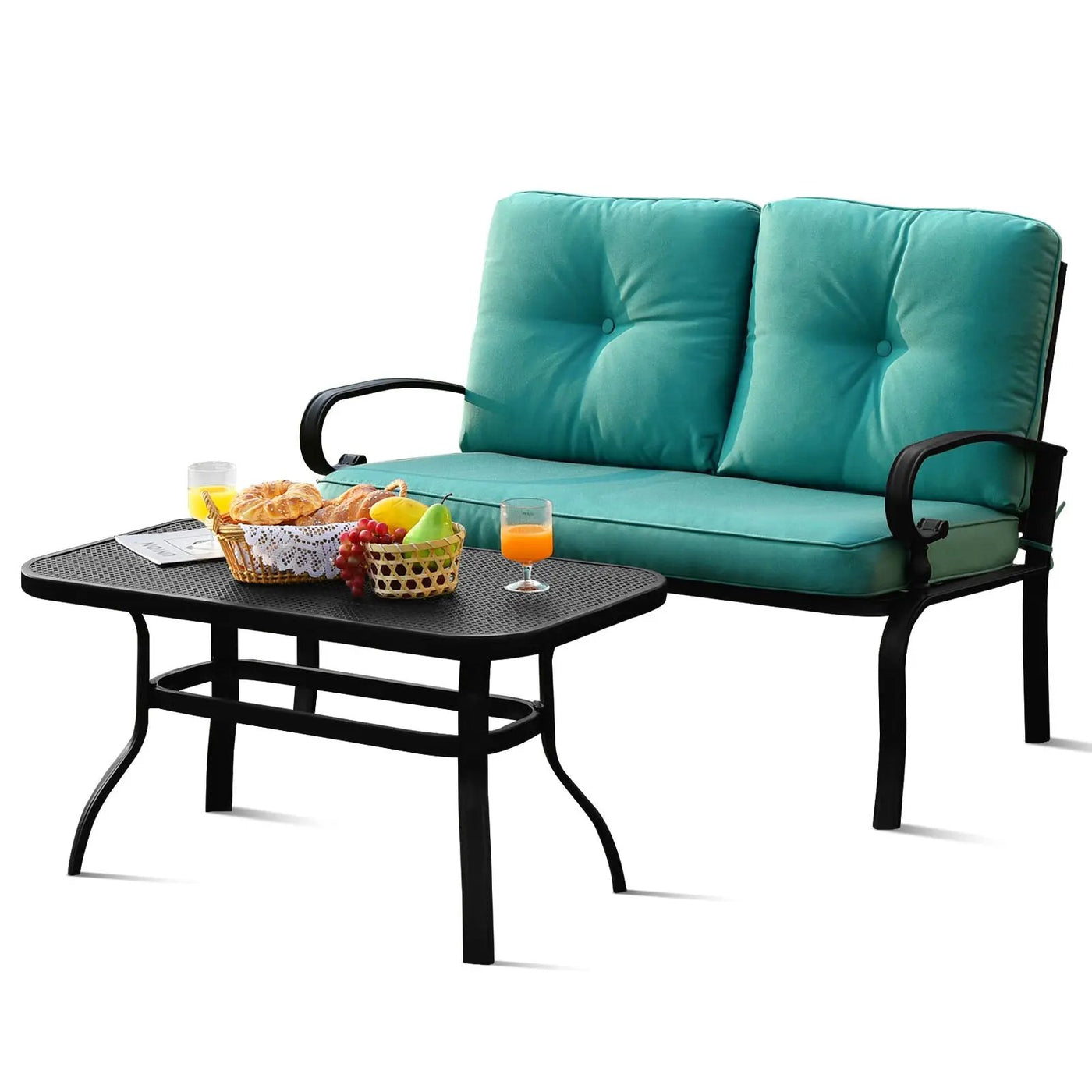 2 Pieces Patio Loveseat Bench Table Furniture Set with Cushioned Chair-Blue by DirectDeals