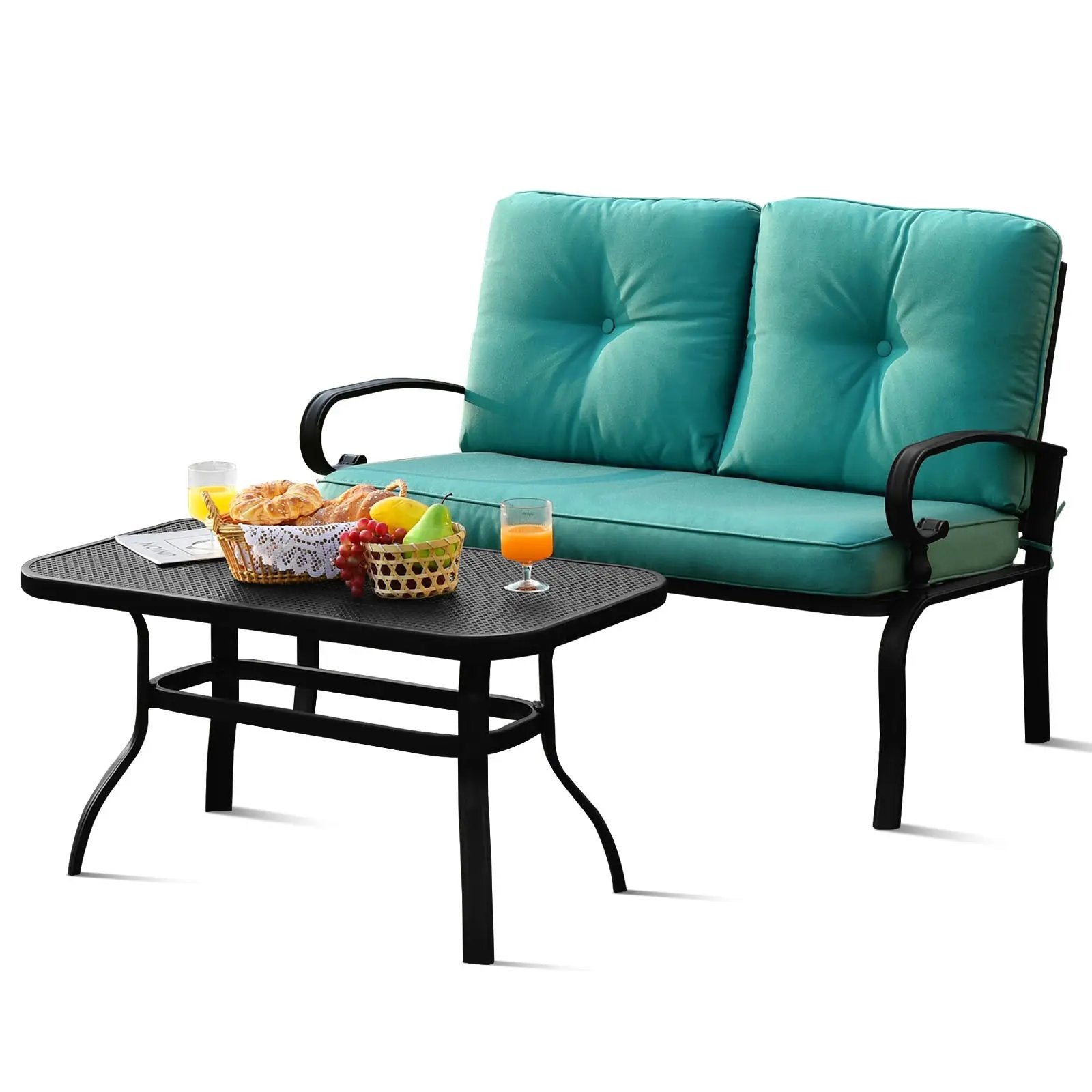 2 Pieces Patio Loveseat Bench Table Furniture Set with Cushioned Chair-Blue by DirectDeals