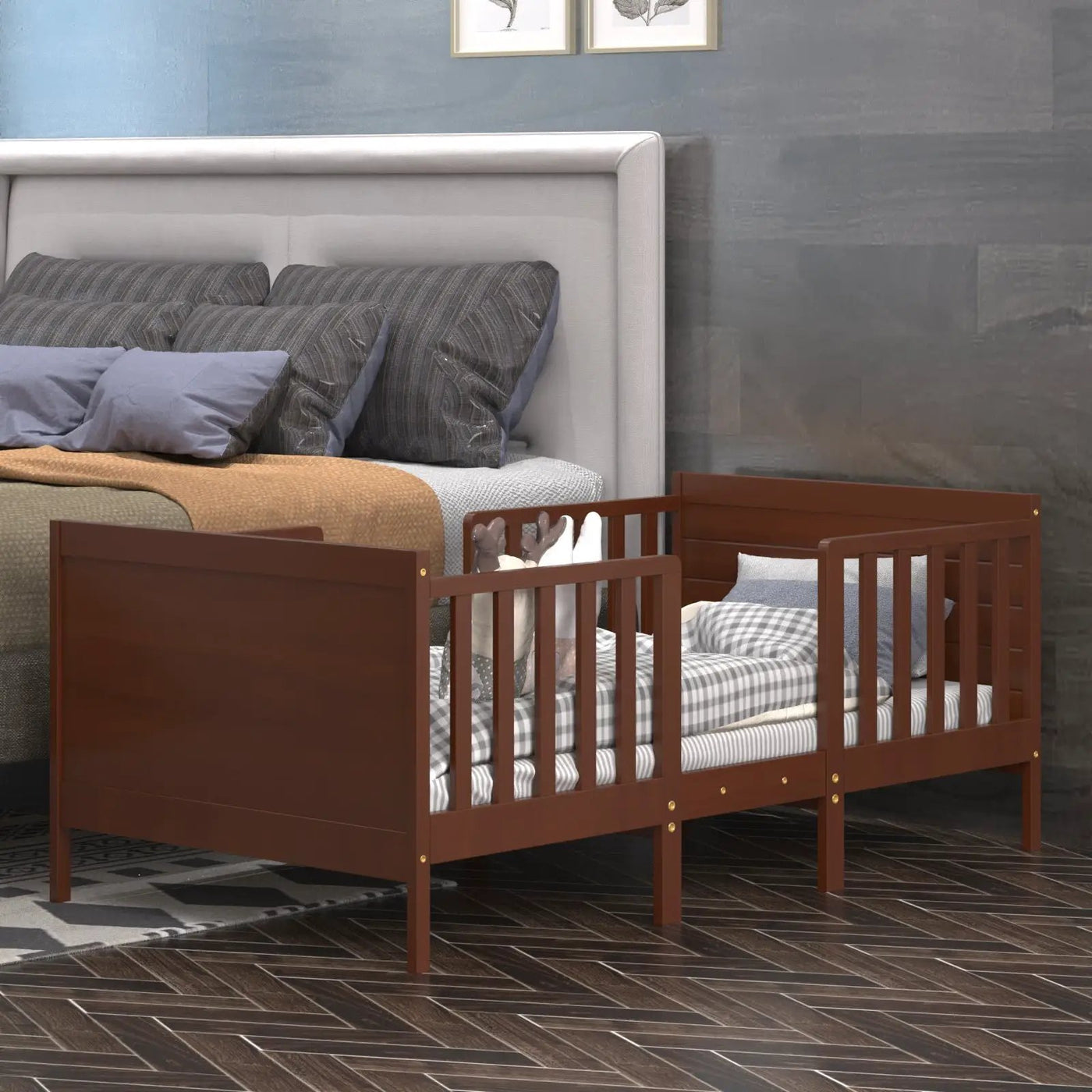 2-in-1 Convertible Kids Wooden Bedroom Furniture with Guardrails by DirectDeals