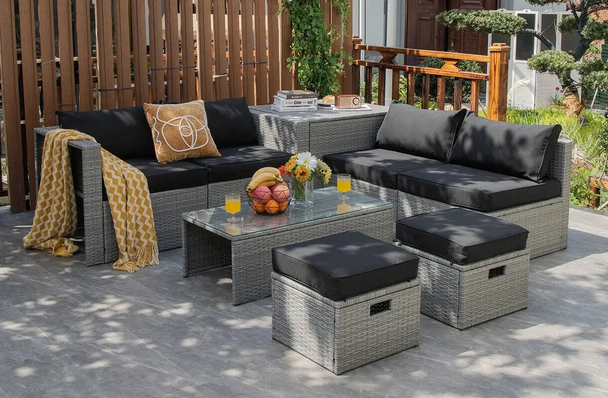 8 Pieces Patio Rattan Furniture Set with Storage Waterproof Cover and Cushion by DirectDeals