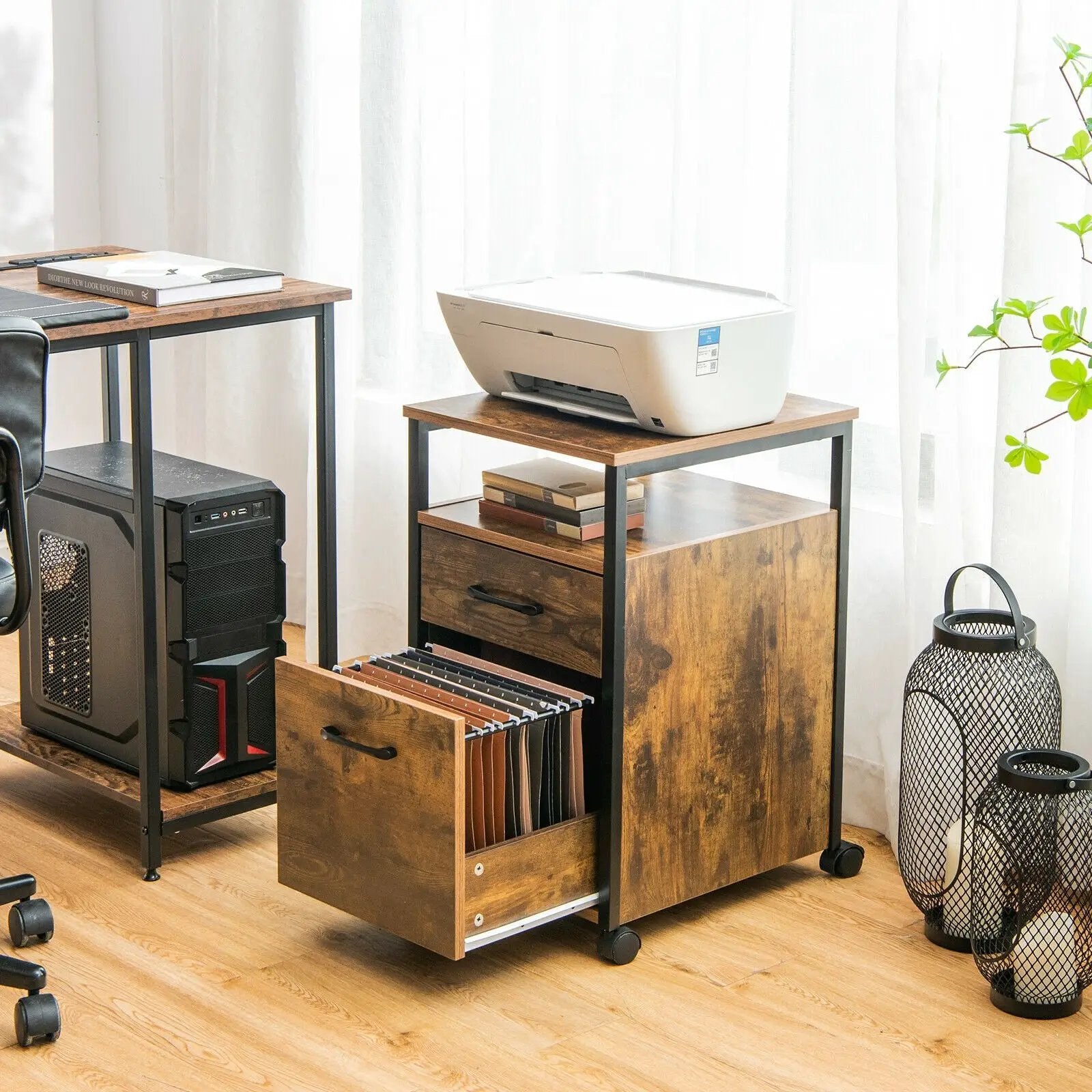 2 Drawer Mobile File Cabinet Printer Stand with Open Shelf for Letter Size-Rustic Brown by DirectDeals