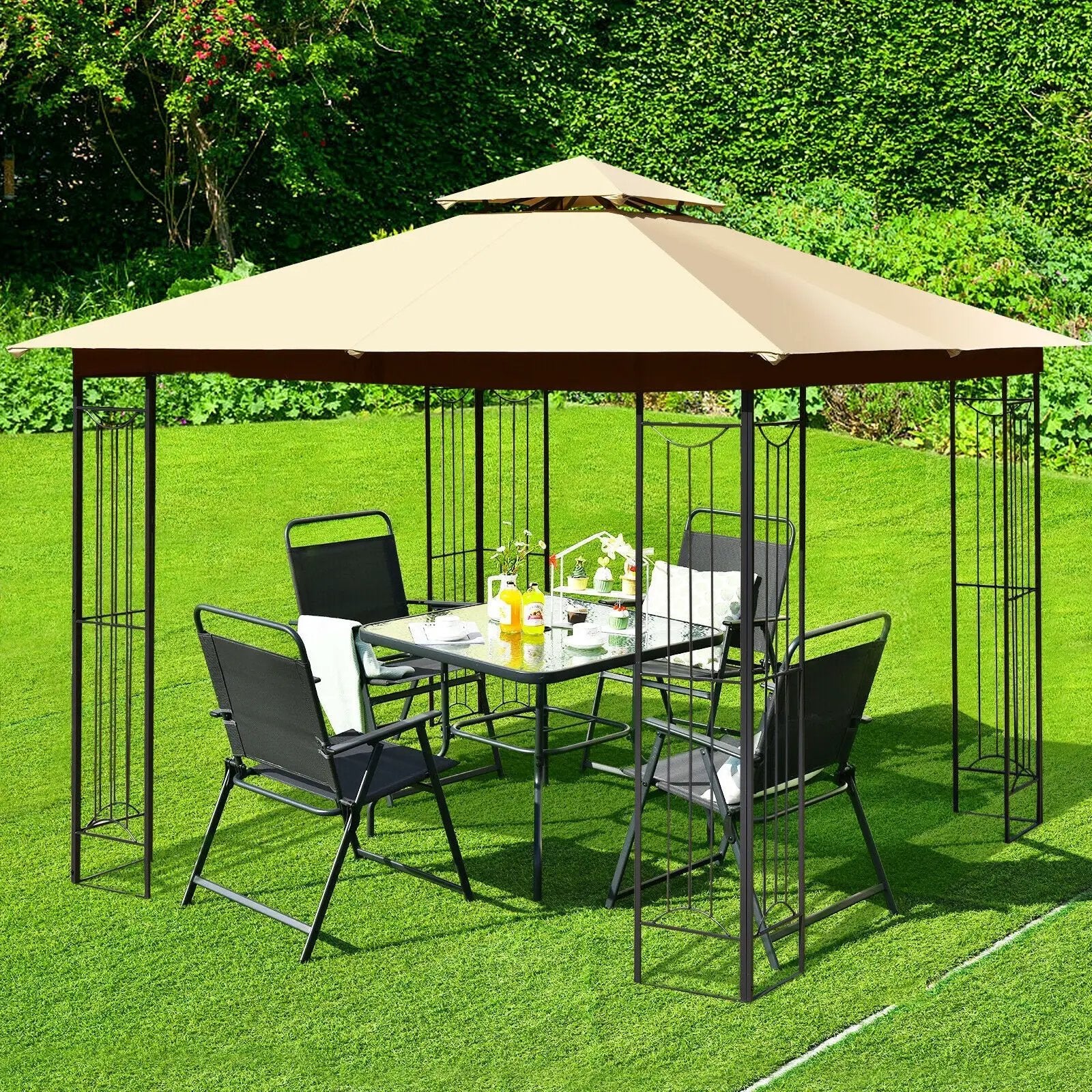 10 x 10 Feet L-Shaped Patio Canopy Gazebo Outdoor 2-Tier Steel Tent by DirectDeals