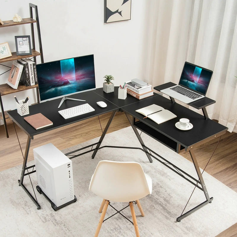 L Shaped Computer Desk Home Office Workstation with Movable Monitor Stand-Black by DirectDeals