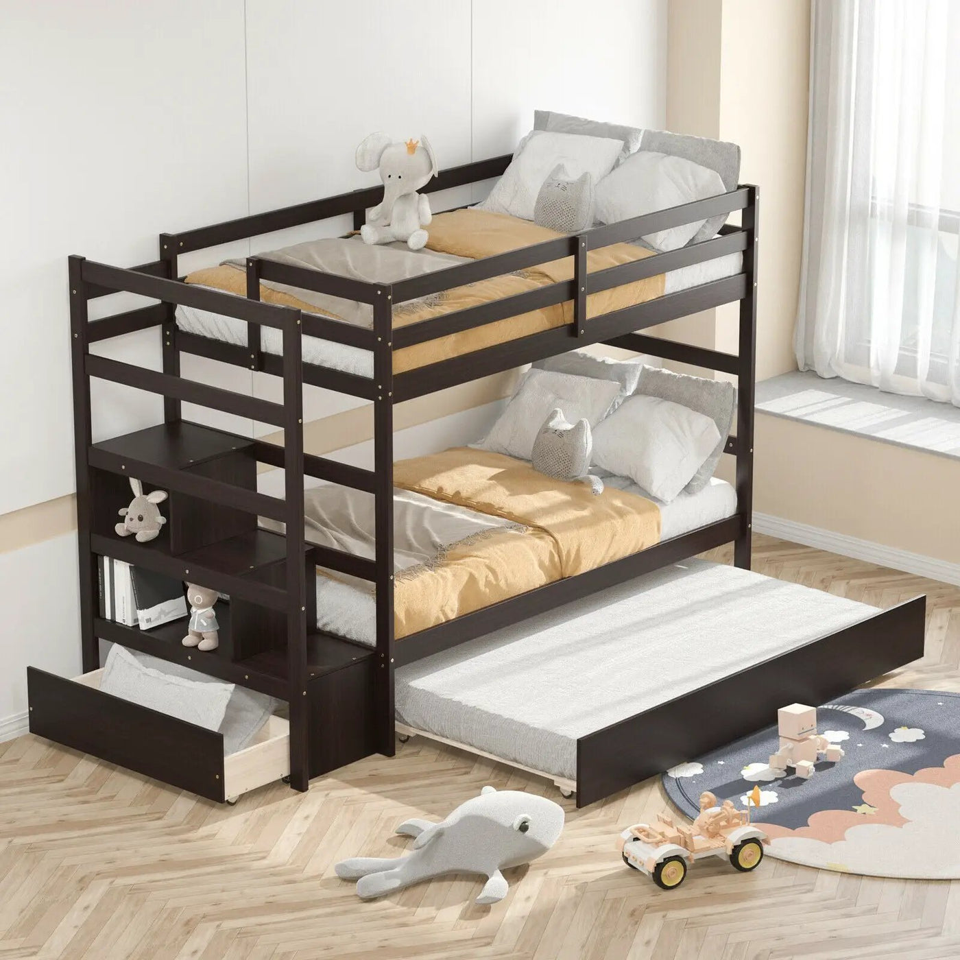 Twin Over Twin Bunk Bed with Storage Shelf and Drawer by DirectDeals