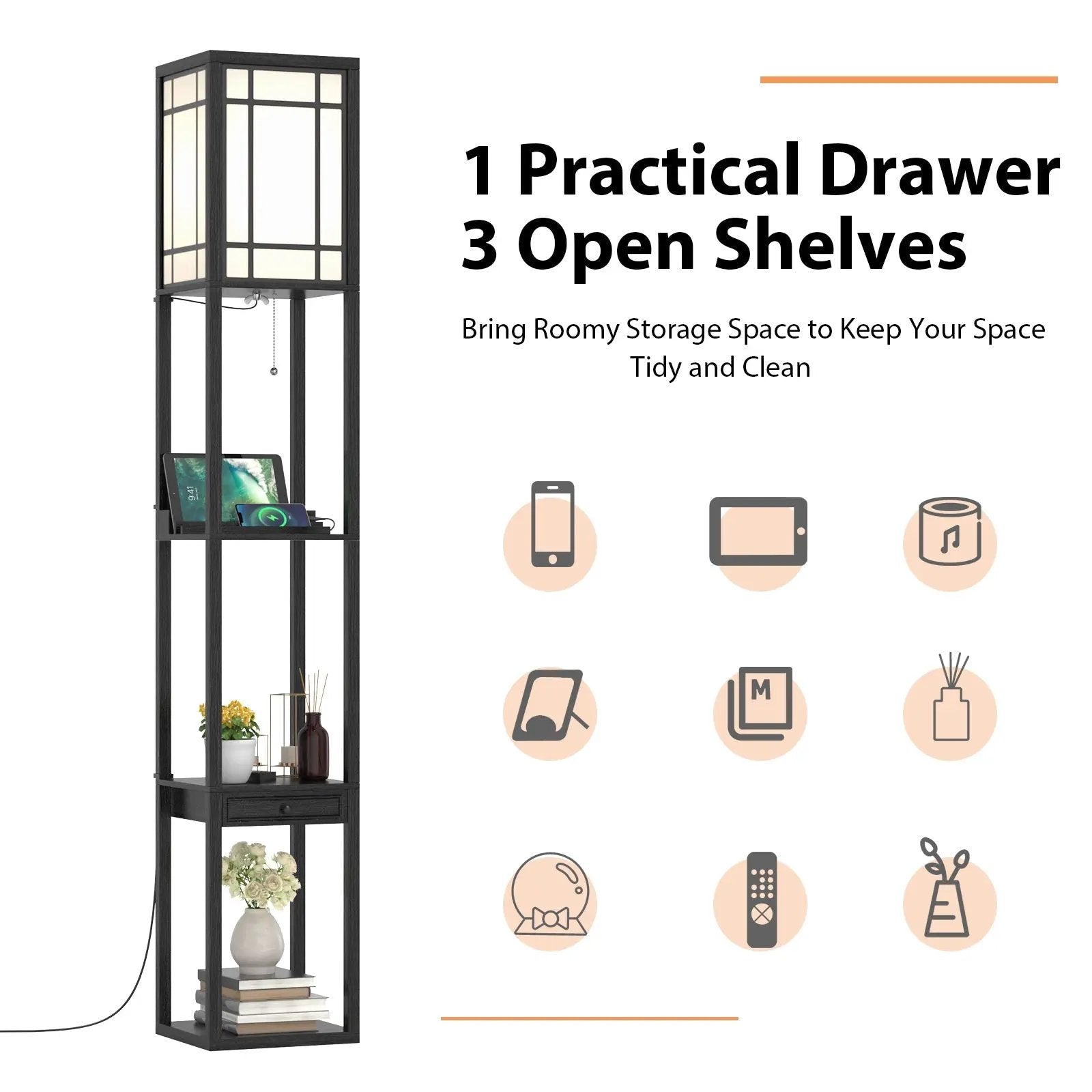 Modern Floor Lamp with Shelves and Drawer by DirectDeals