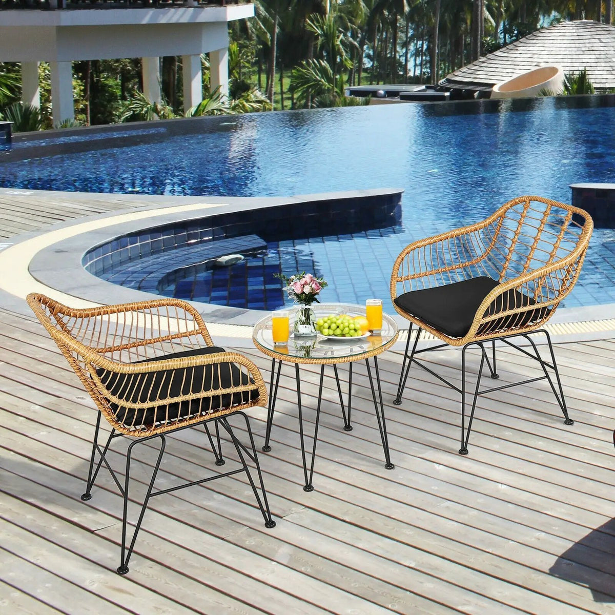 3 Pieces Rattan Furniture Set with Cushioned Chair Table by DirectDeals