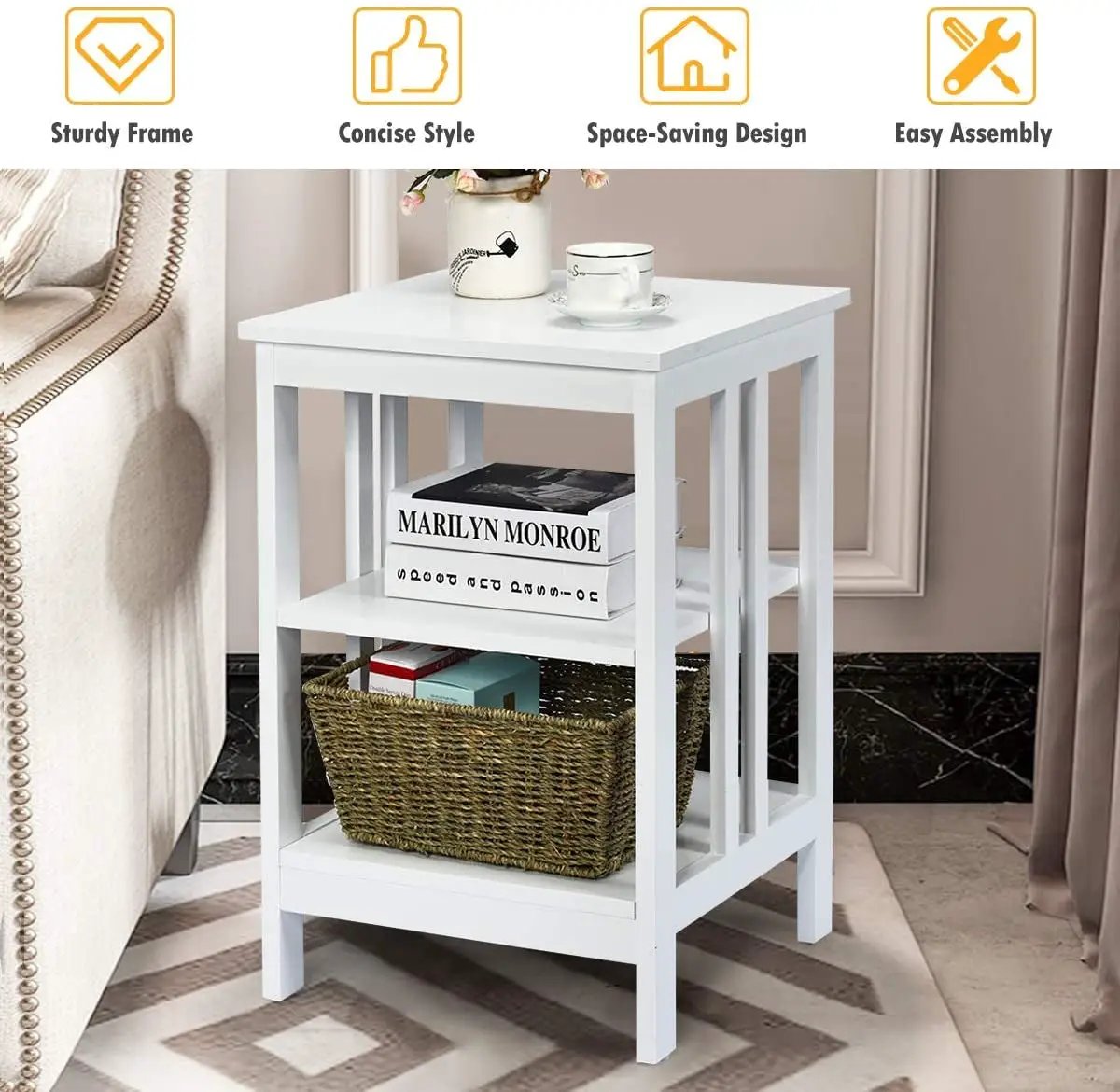 2 Pieces 3-Tier Nightstand with Reinforced Bars and Stable Structure by DirectDeals