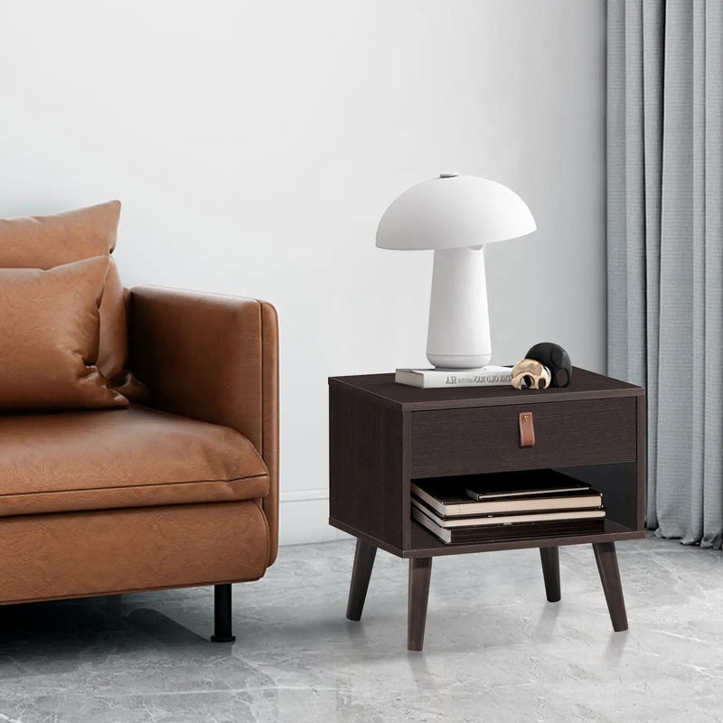 Nightstand Bedroom Table with Drawer Storage Shelf-Brown by DirectDeals