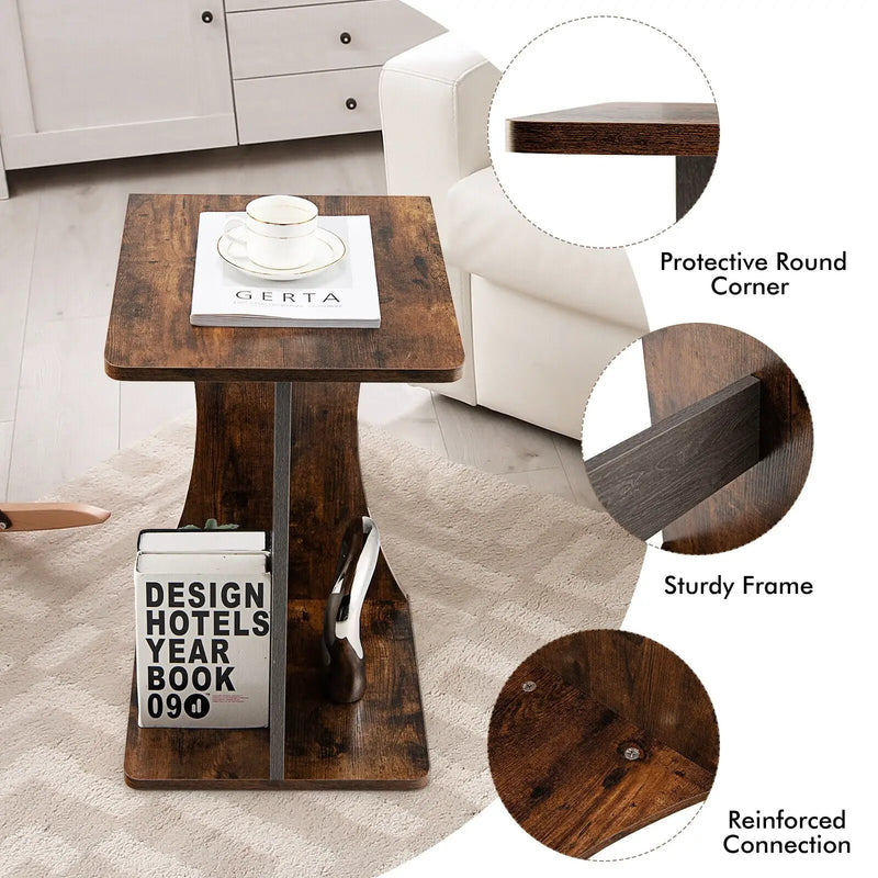 2-Tier Compact C-shape Sofa Side Table-Rustic Brown by DirectDeals