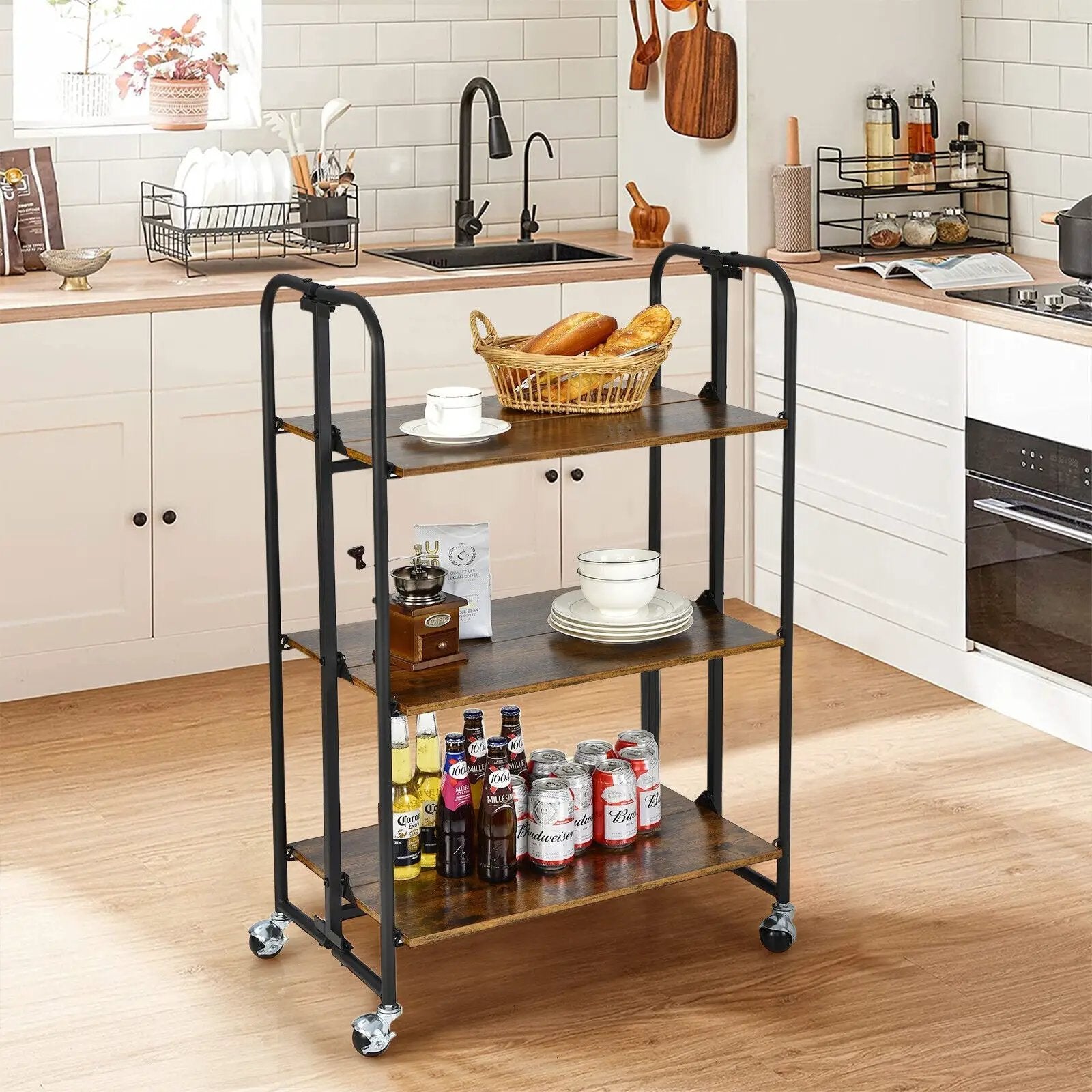 Foldable Rolling Cart with Storage Shelves for Kitchen-3-Tier by DirectDeals