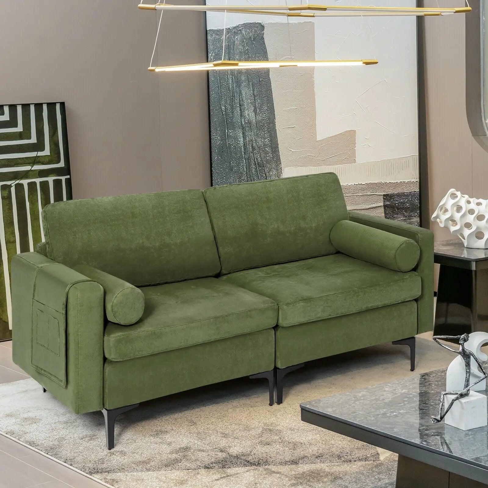 Modern Loveseat Sofa with 2 Bolsters and Side Storage Pocket by DirectDeals