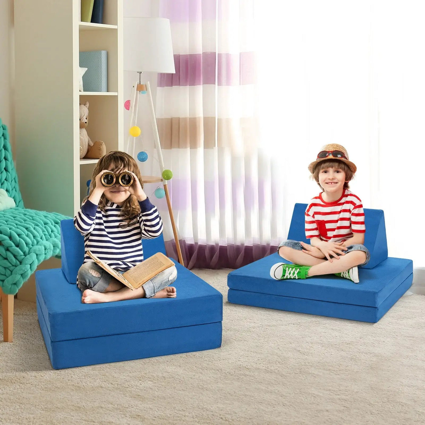 4 Pieces Convertible Kids Couch Set with 2 Folding Mats-Yellow by DirectDeals