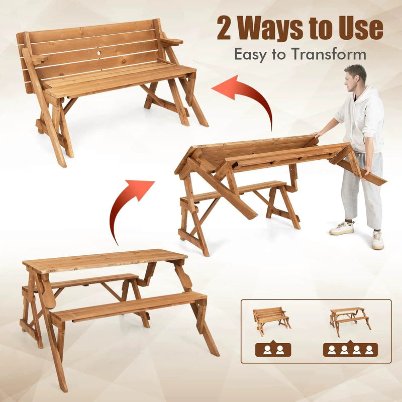 2-in-1 Transforming Interchangeable Wooden Picnic Table Bench with Umbrella Hole-Dark Brown by DirectDeals