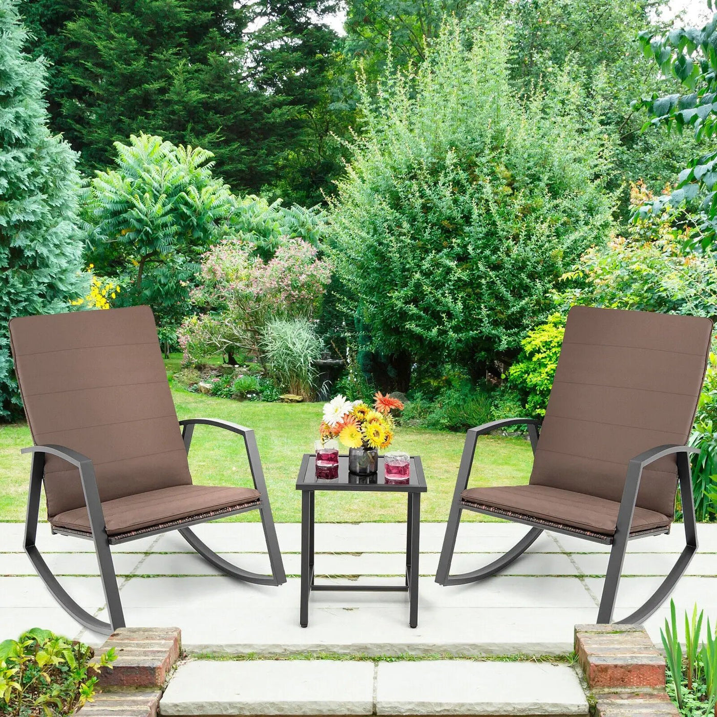 3 Pieces Patio Rattan Rocking Furniture Set by DirectDeals