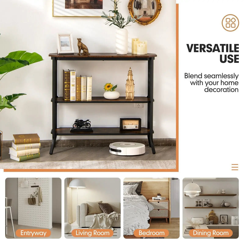 3-Tier Steel Frame Entryway Sofa Console Table for Hallway and Living Room-Rustic Brown by DirectDeals